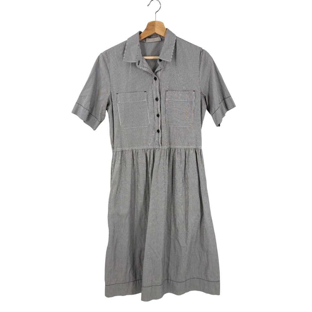 Everlane Shirt Dress Black White Stripe Size 2 Midi Cotton Pockets Minimalist